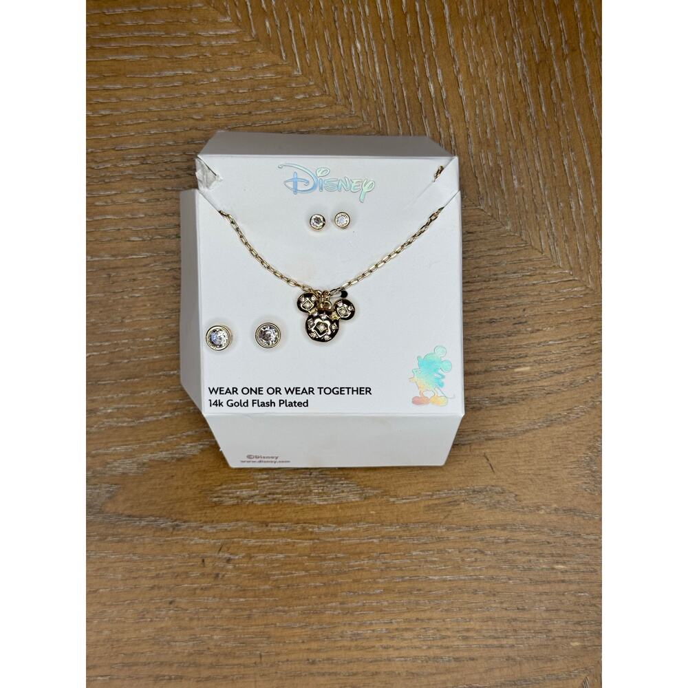 Disney Mickey Mouse Necklace & Earrings Set Gold Tone Cubic Zirconia 14K Flash